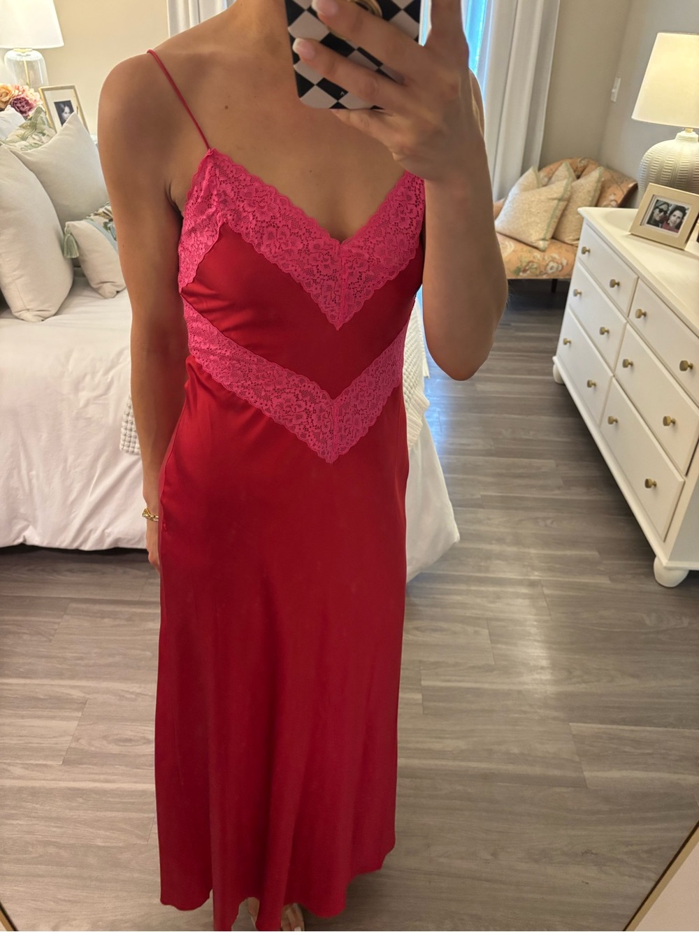 LoveShackFancy Serita-Style Silk Slip Maxi Dress Red Pink Lace S - Picture 2 of 5